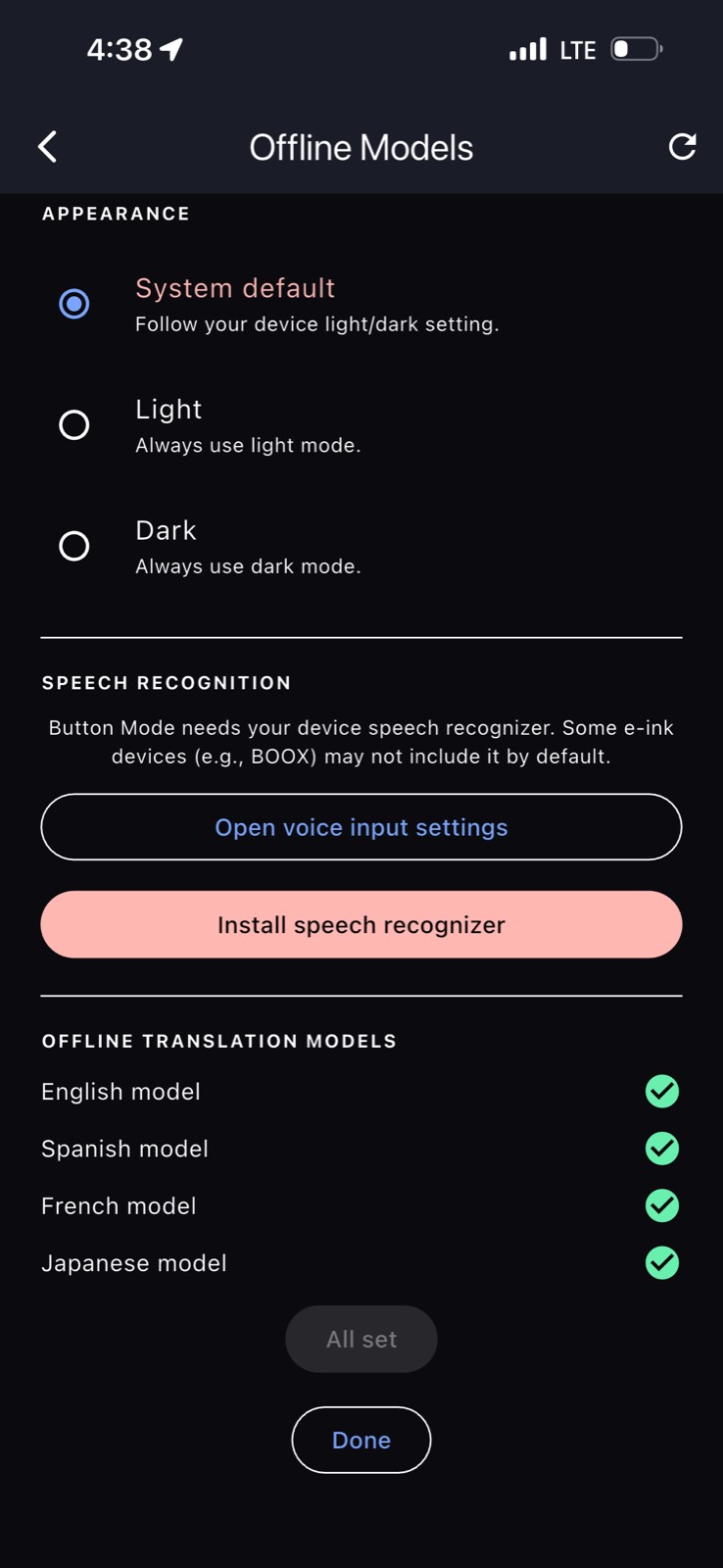 Downloaded offline language models in JumboChat settings